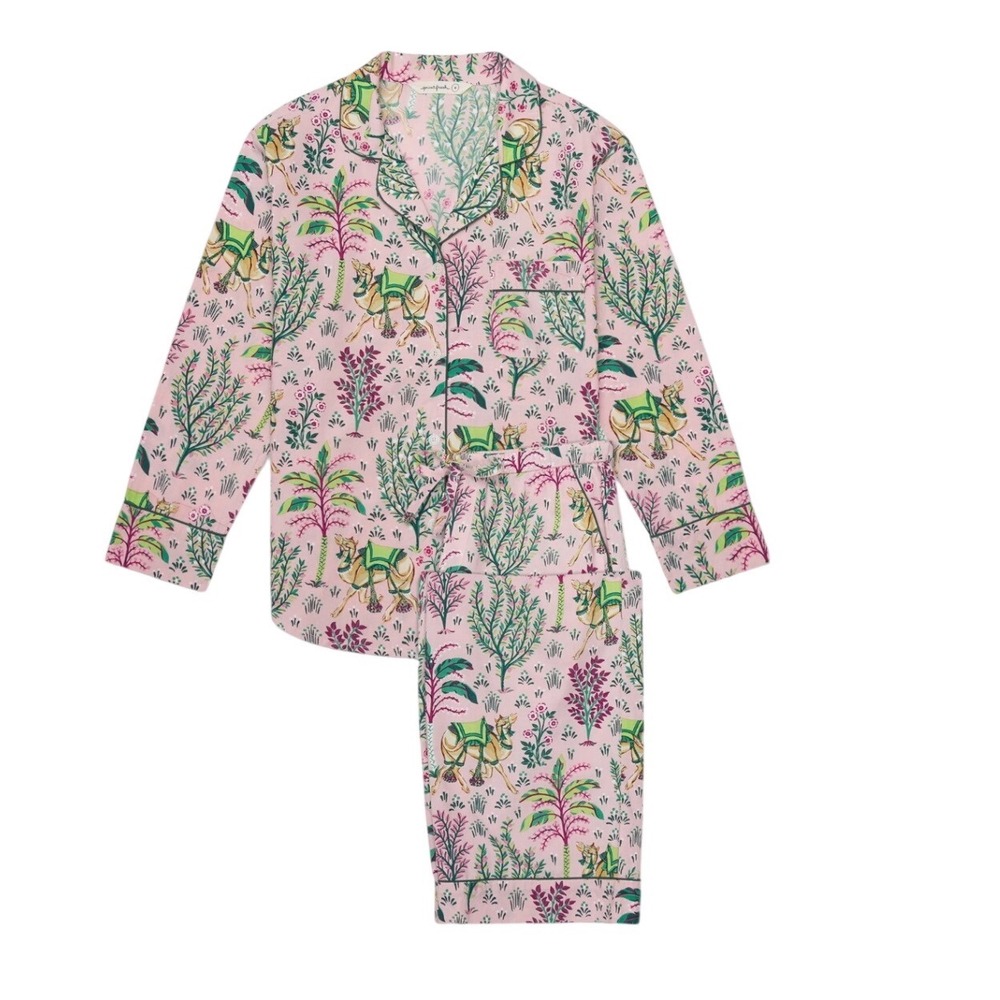 Printfresh Camel's Courtyard Organic Cotton Pajama Set Pink Green Medium Lounge